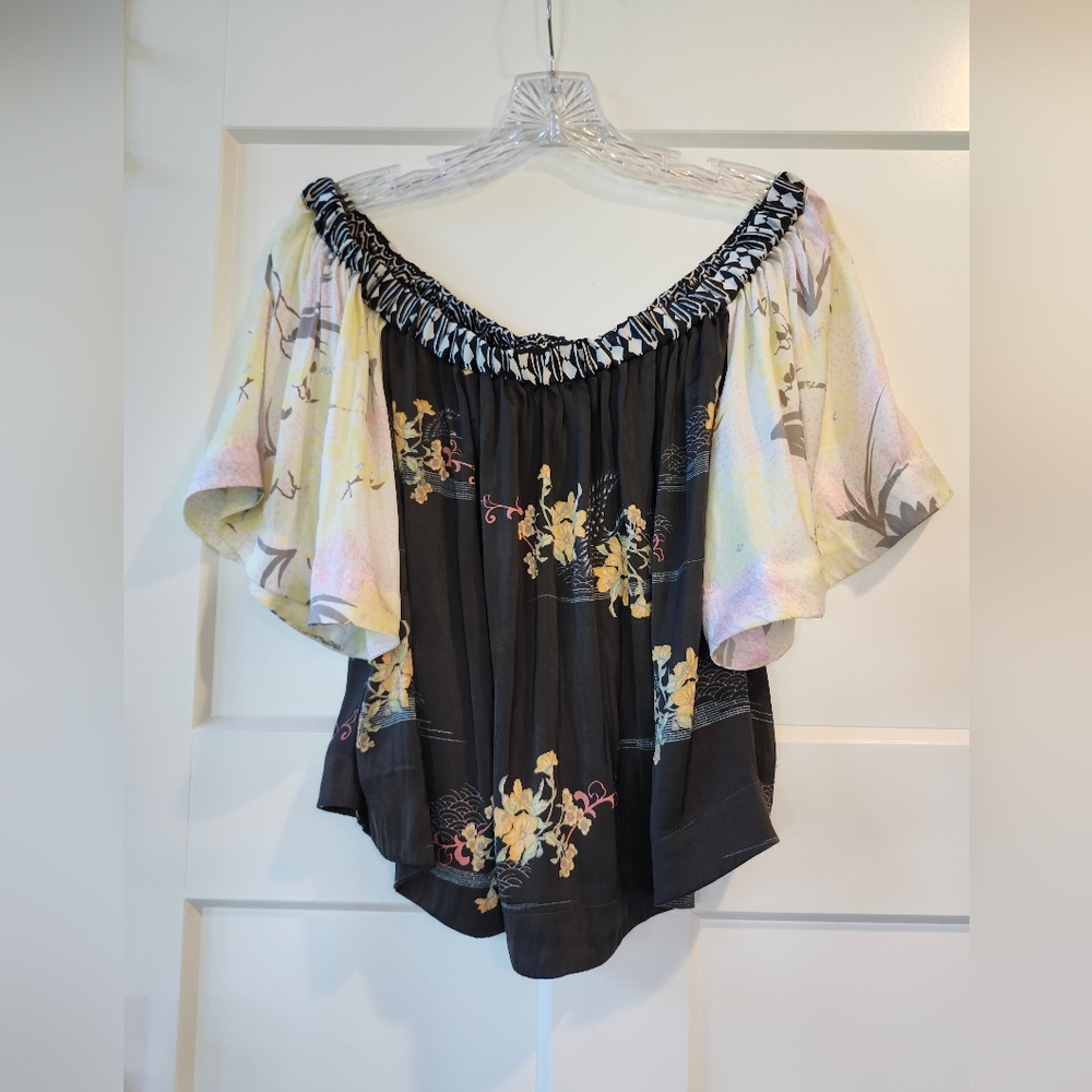 Free People Black Floral Off-Shoulder Blouse with Pastel Sleeves